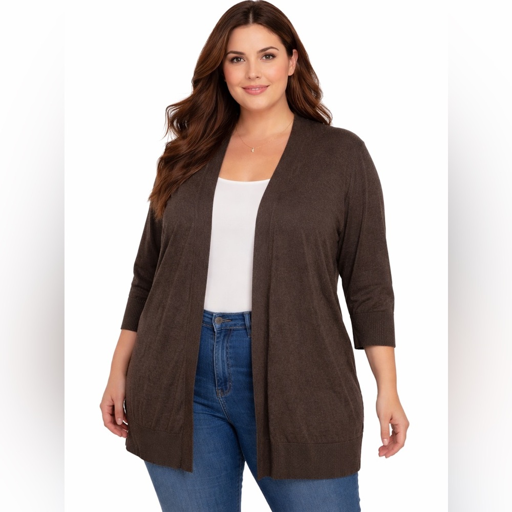 Le Château Espresso Brown Open Front Cardigan | 3/4 Sleeve | XXL | Silk Blend